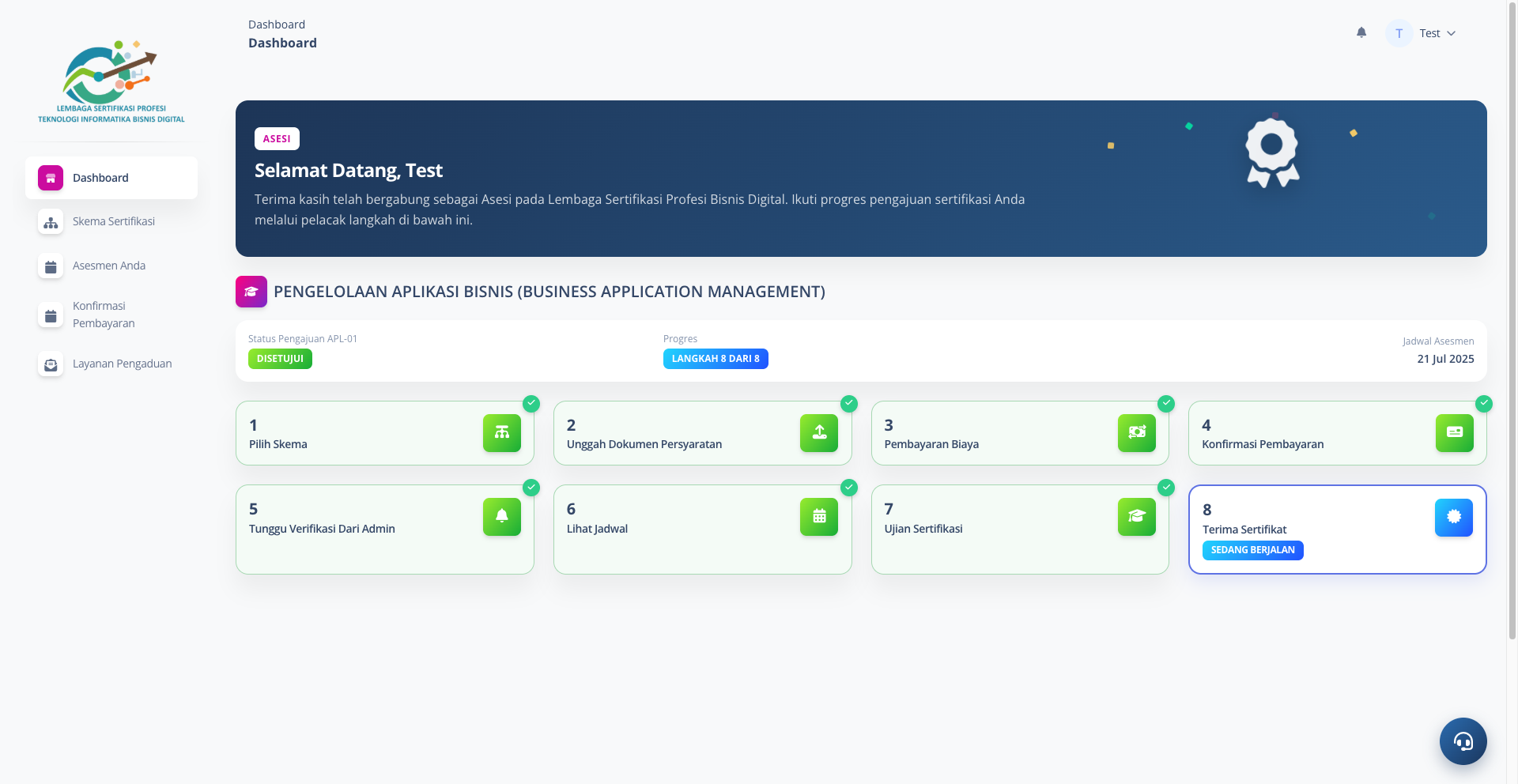 Tampilan Dashboard Aplikasi Sertifikasi