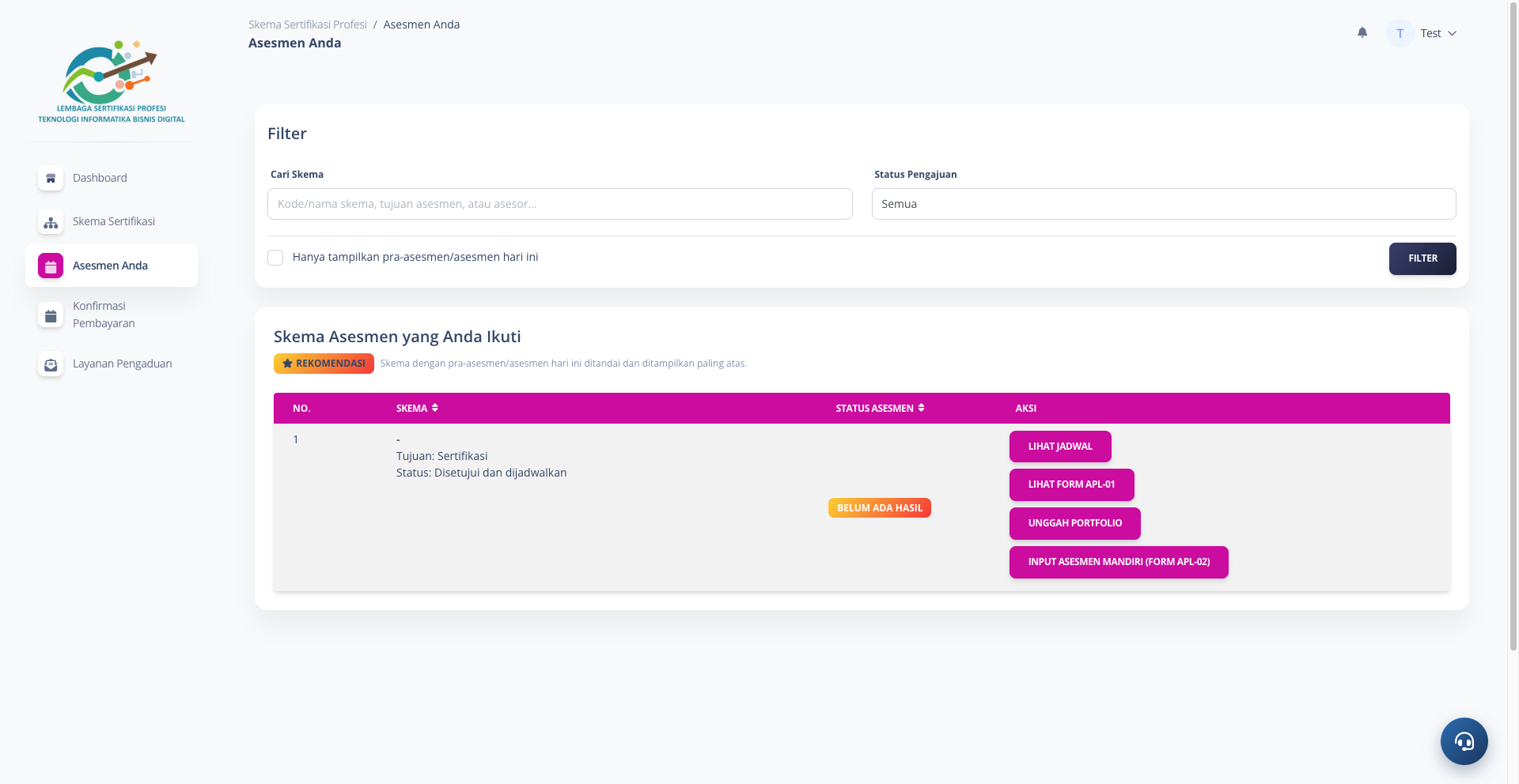 Tampilan Dashboard Aplikasi Sertifikasi